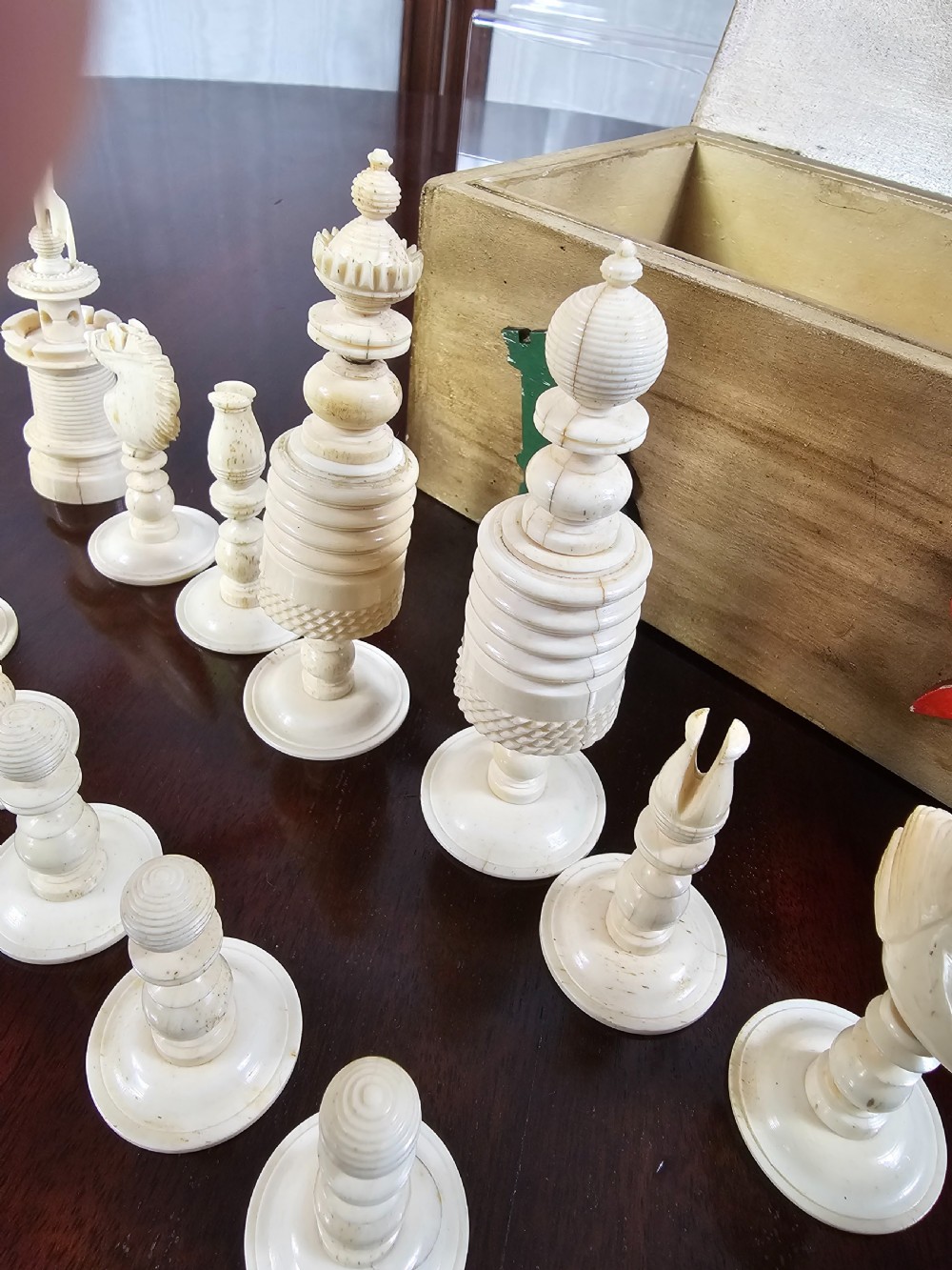 19th C Fine Carved Bone Chess Set with Box View X