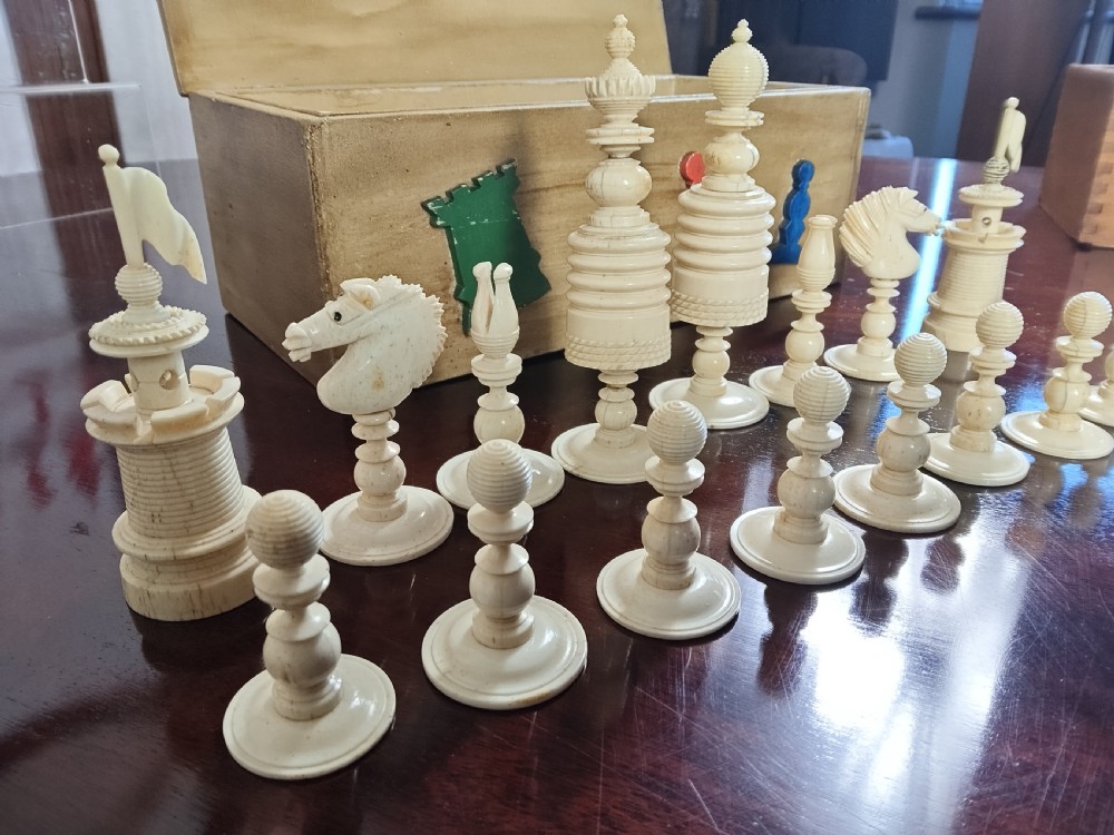 19th C Fine Carved Bone Chess Set with Box View XI