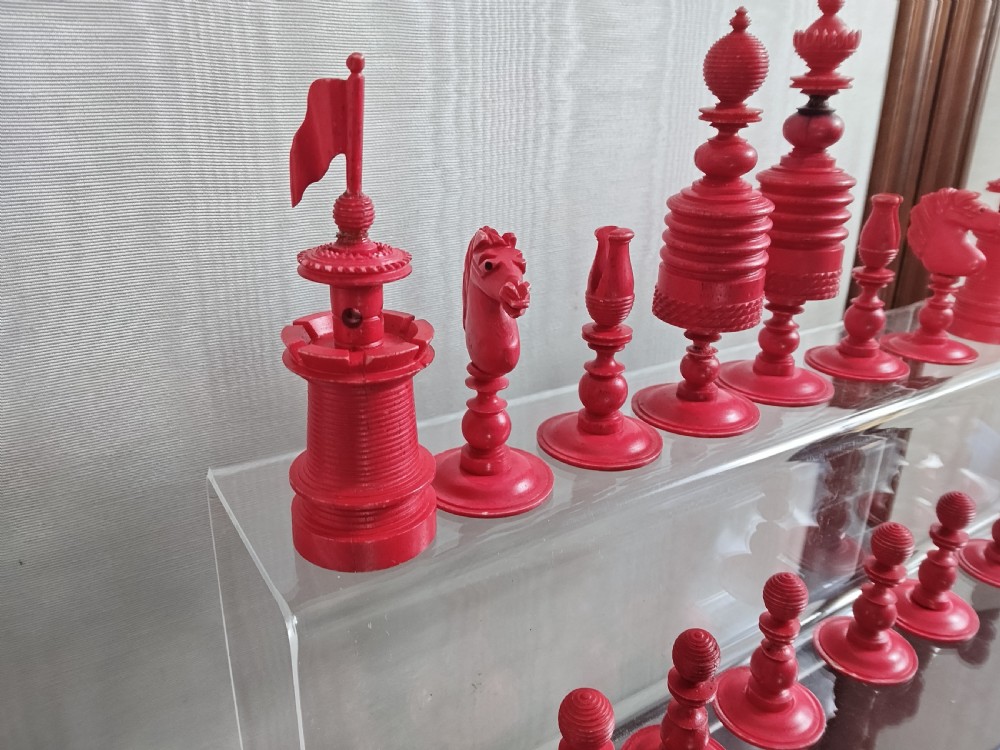 19th C Fine Carved Bone Chess Set with Box View XII