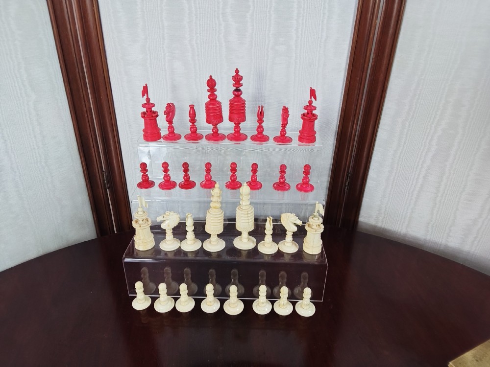 19th C Fine Carved Bone Chess Set with Box View XIII