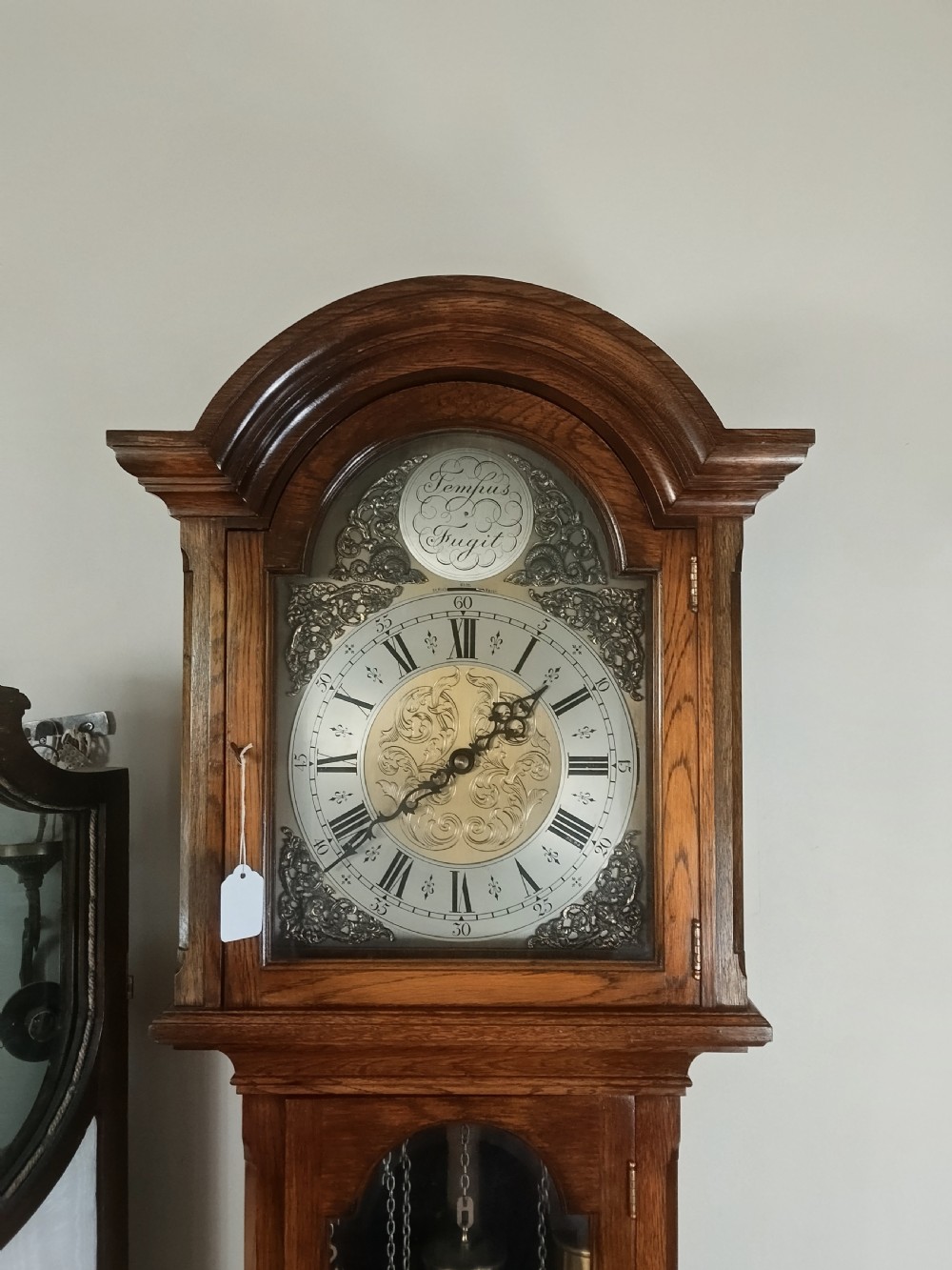 A freestanding wooden longcase clock featuring an arched hood, a brass and silvered dial, and a glazed trunk door revealing weights and a pendulum. View II
