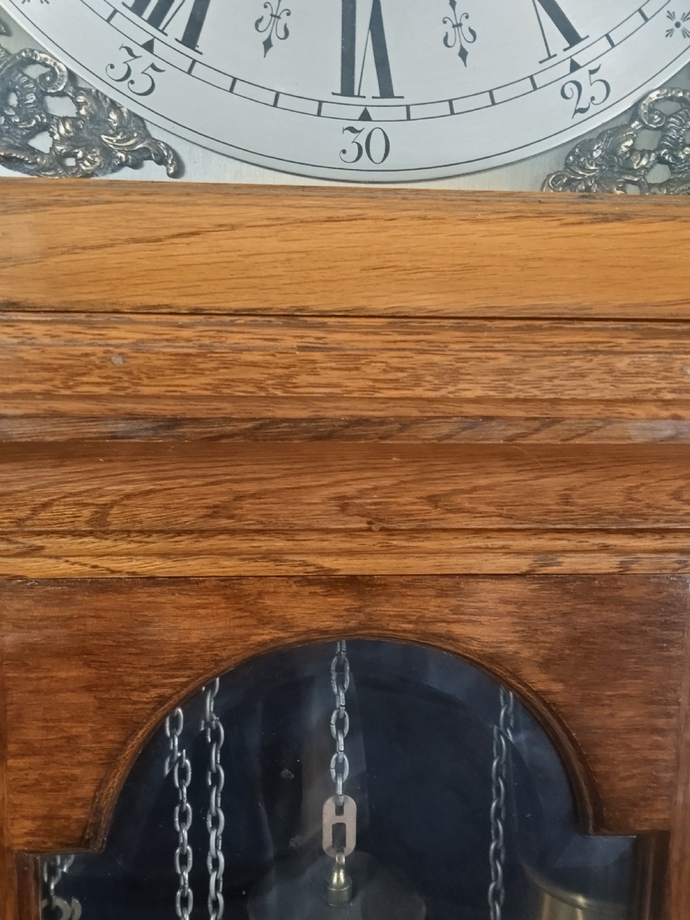 A freestanding wooden longcase clock featuring an arched hood, a brass and silvered dial, and a glazed trunk door revealing weights and a pendulum. View VI