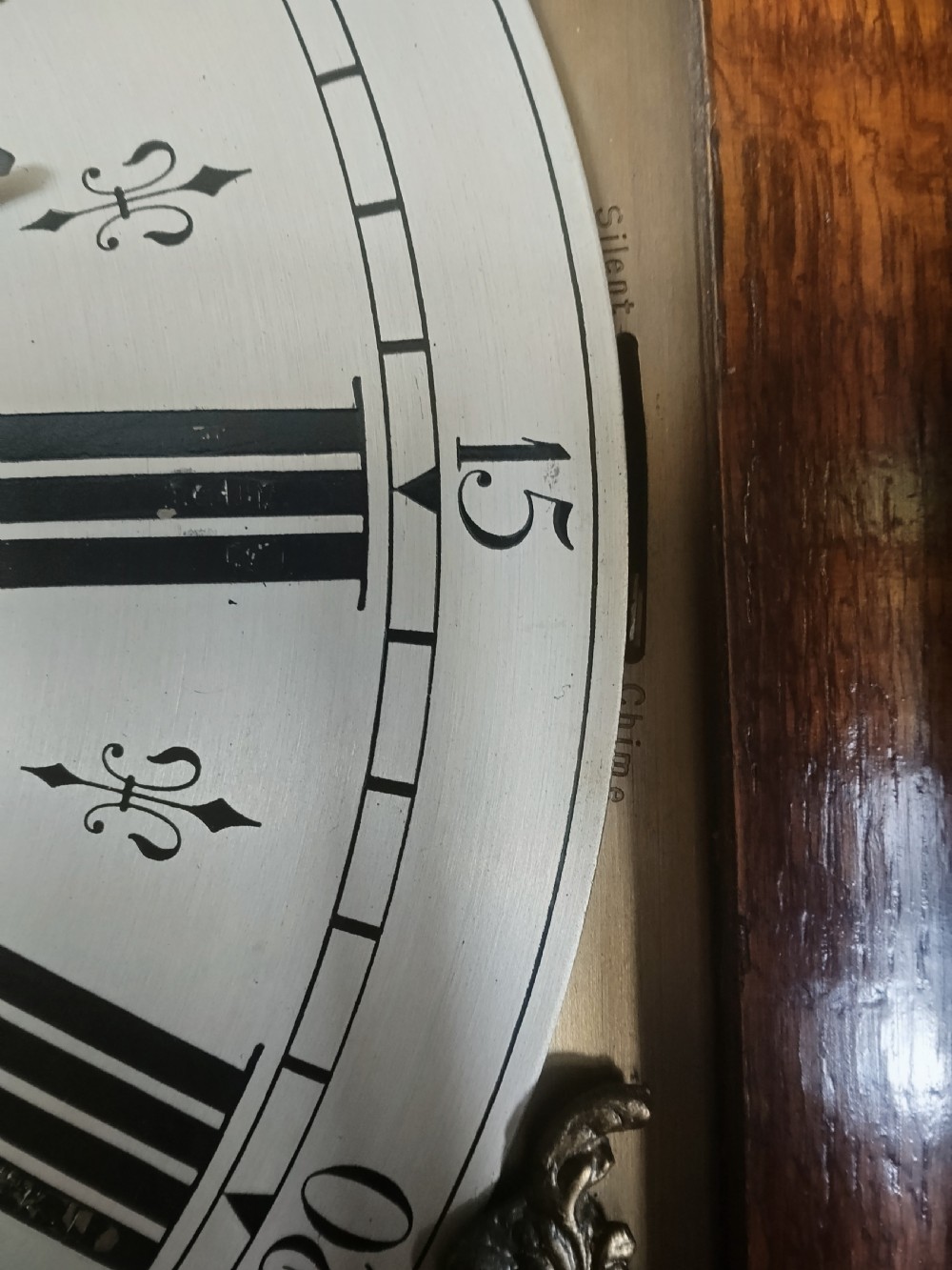 A freestanding wooden longcase clock featuring an arched hood, a brass and silvered dial, and a glazed trunk door revealing weights and a pendulum. View IX
