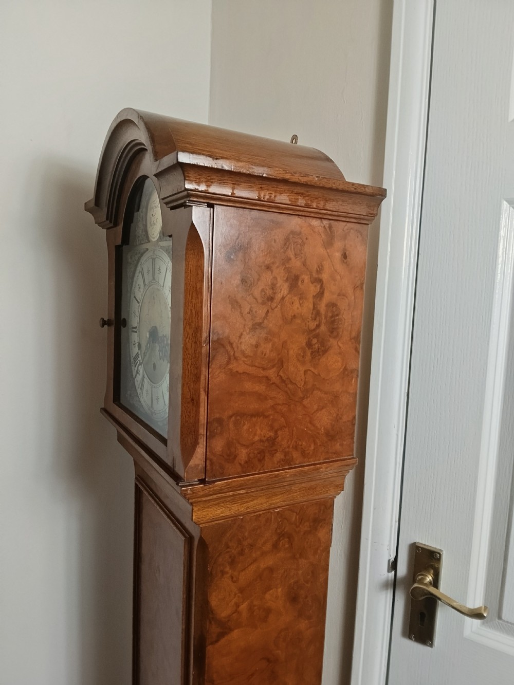 A freestanding burr walnut grandmother clock featuring an arched hood, brass dial with Roman numerals, and a figure-matched veneered trunk. View IX