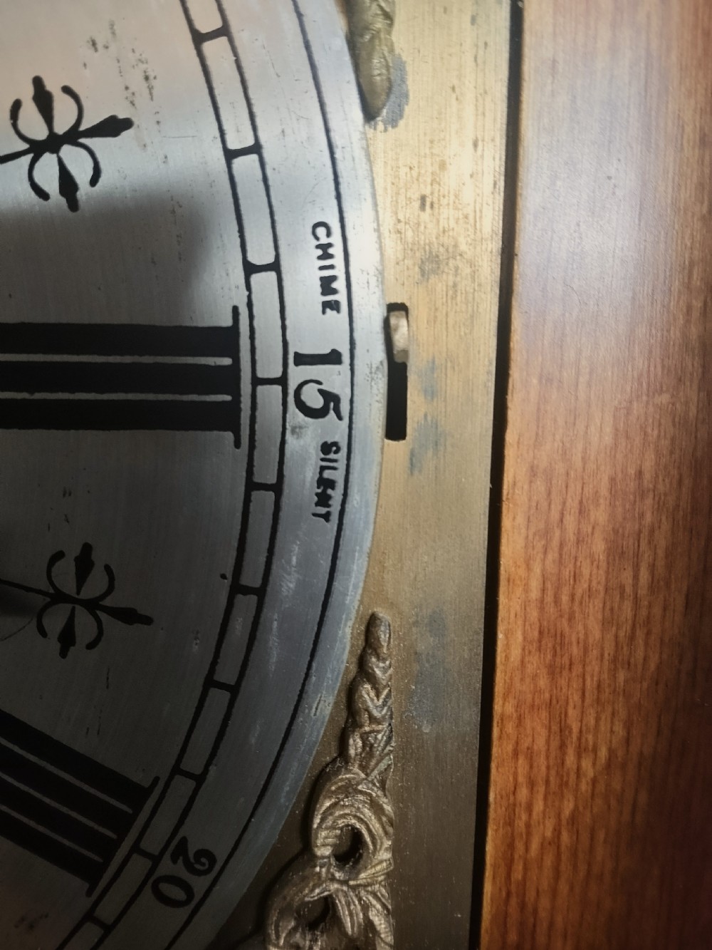 A freestanding burr walnut grandmother clock featuring an arched hood, brass dial with Roman numerals, and a figure-matched veneered trunk. View X