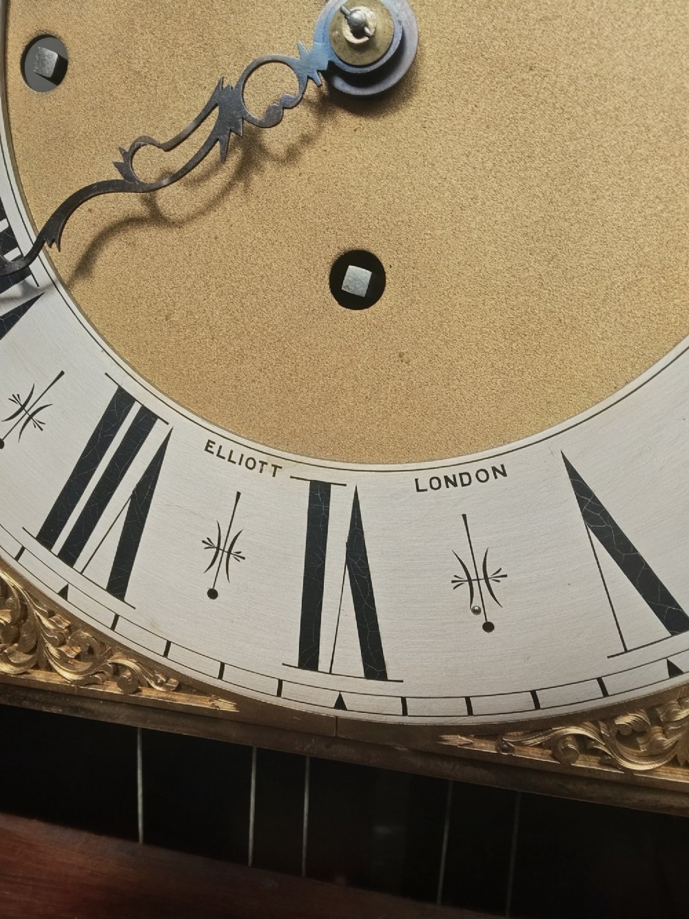 A tall wooden longcase clock featuring an arched hood, silvered brass dial, and a glazed door showcasing internal brass weights and pendulum. View VI