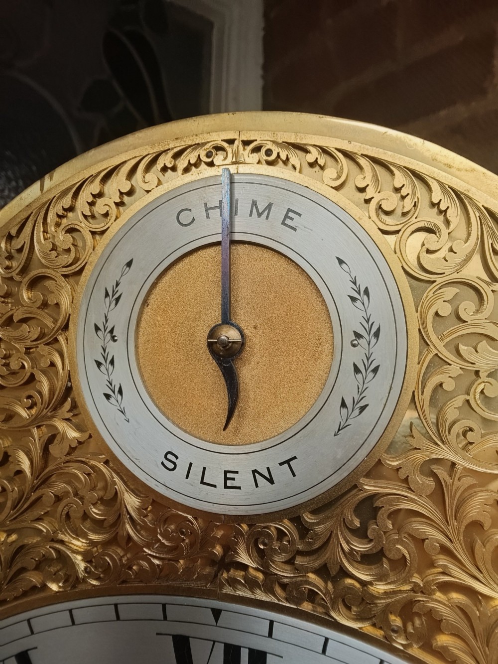 A tall wooden longcase clock featuring an arched hood, silvered brass dial, and a glazed door showcasing internal brass weights and pendulum. View VII