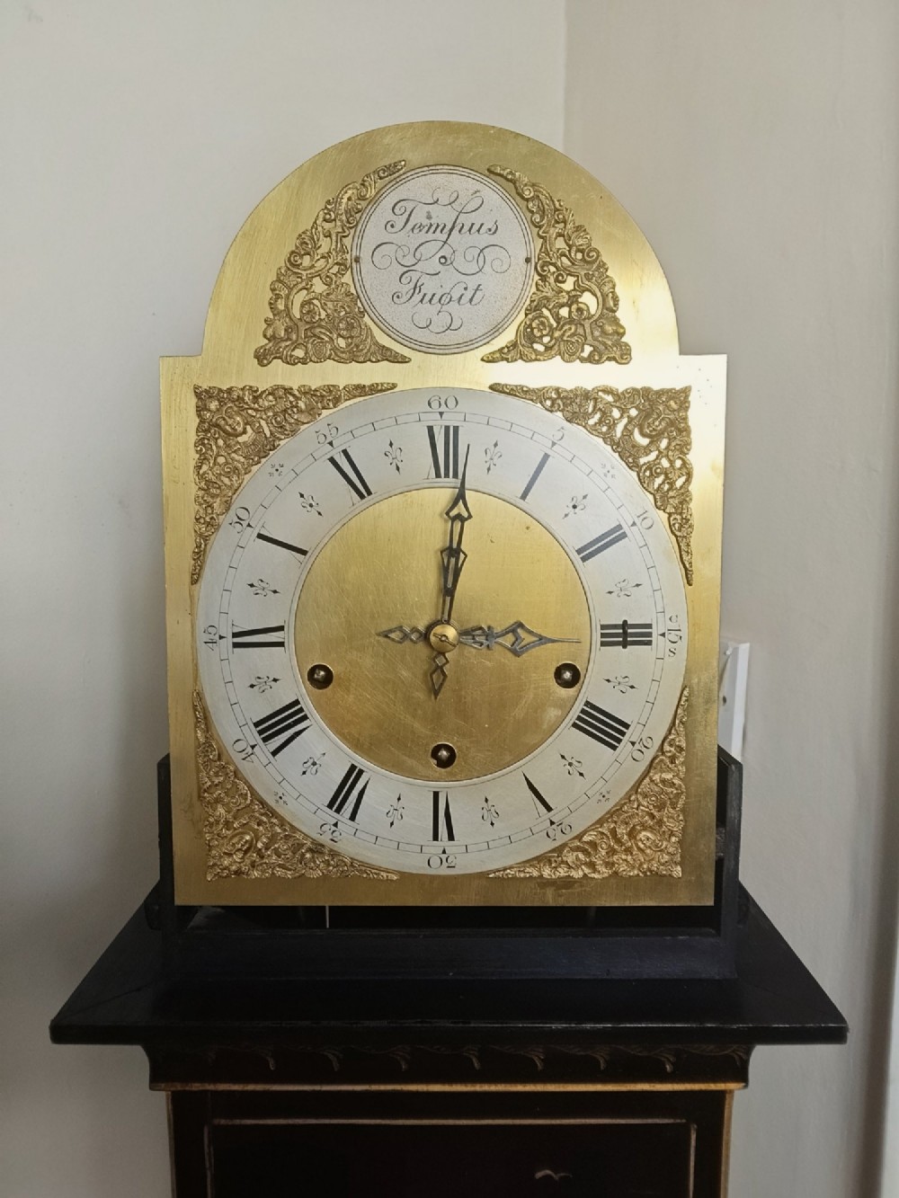 A slender black lacquer grandmother clock decorated with gilded chinoiserie landscape motifs and fitted with an arched brass dial. View X