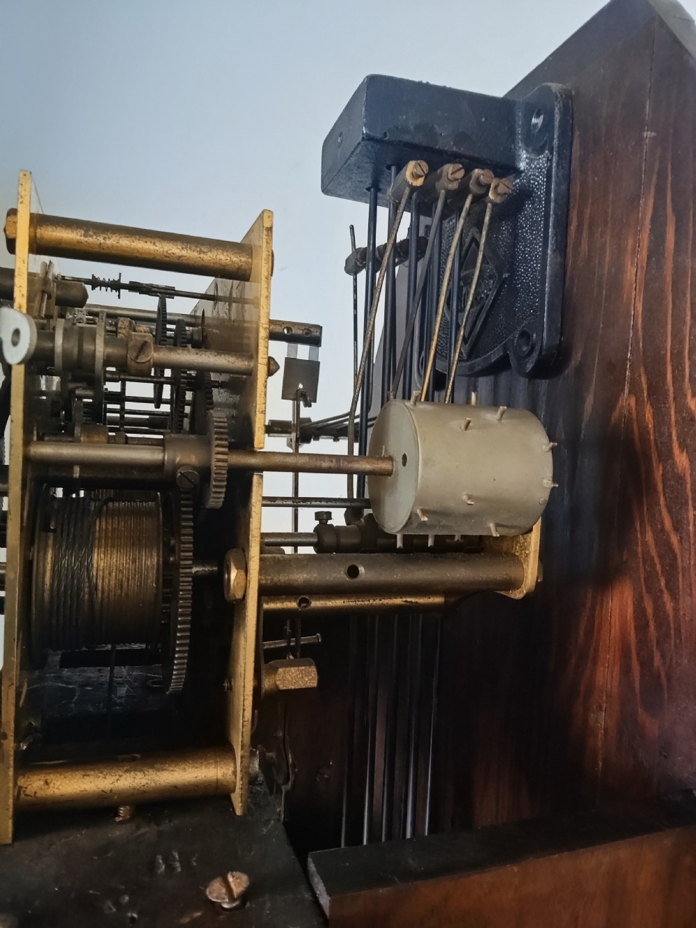 A slim burr walnut grandmother longcase clock featuring an arched hood, round silvered dial, and bookmatched timber grain. View XIII