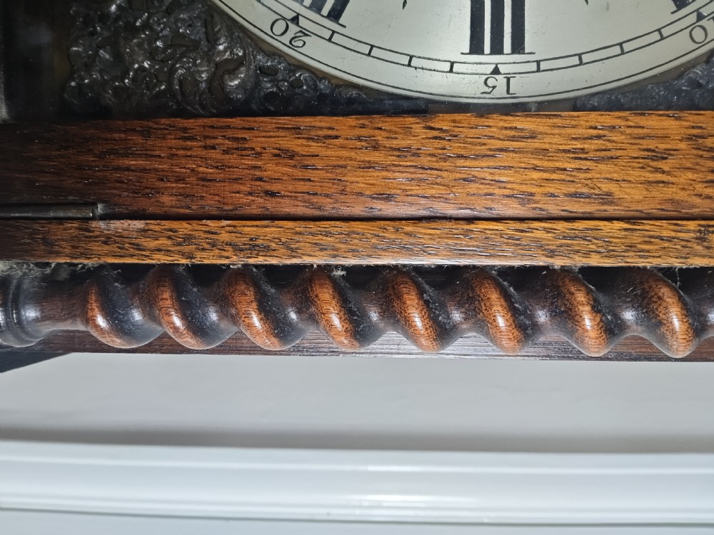 A tall dark oak longcase clock featuring an arched bonnet, barley twist side columns, a brass dial with Roman numerals, and a glazed trunk door displaying three brass weights and pendulum. View III