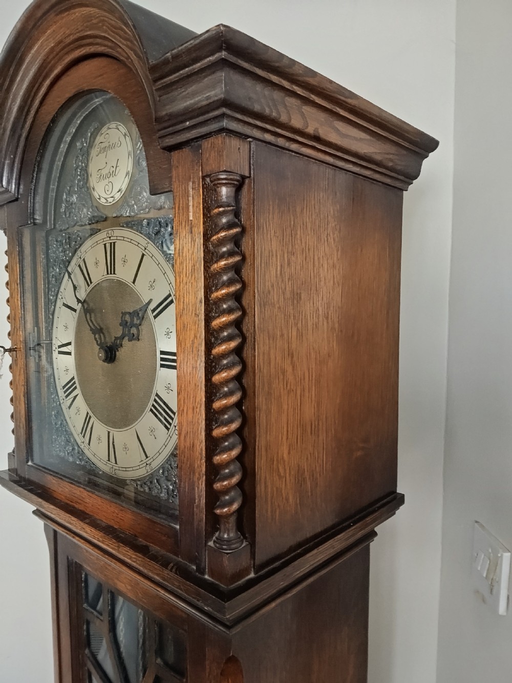 A tall dark oak longcase clock featuring an arched bonnet, barley twist side columns, a brass dial with Roman numerals, and a glazed trunk door displaying three brass weights and pendulum. View IV