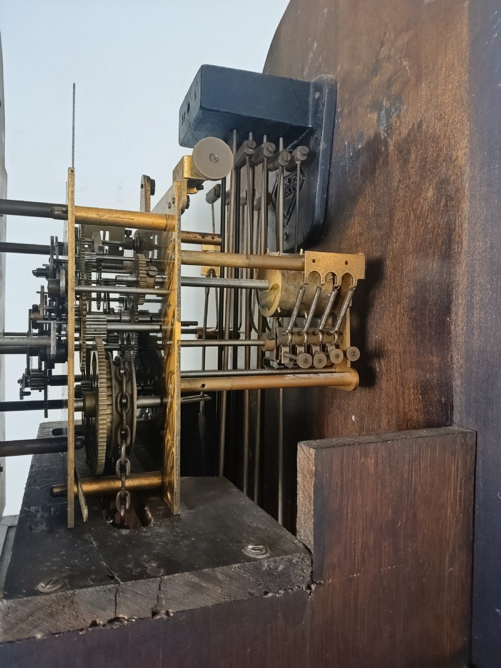 A tall dark oak longcase clock featuring an arched bonnet, barley twist side columns, a brass dial with Roman numerals, and a glazed trunk door displaying three brass weights and pendulum. View XII