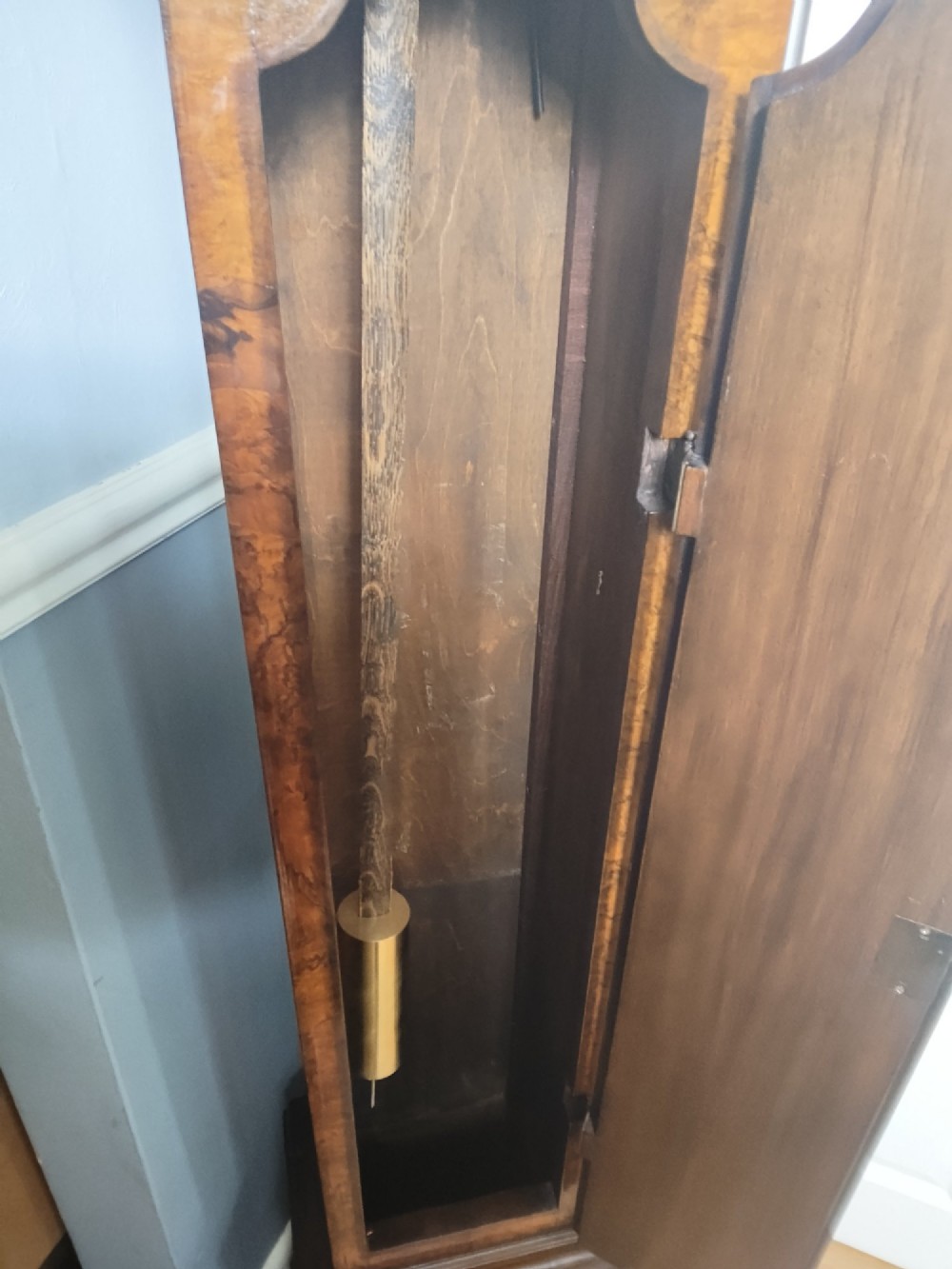 A tall slim figured walnut grandmother longcase clock featuring an arched hood, brass and silvered dial, and a polished wood trunk. View IX