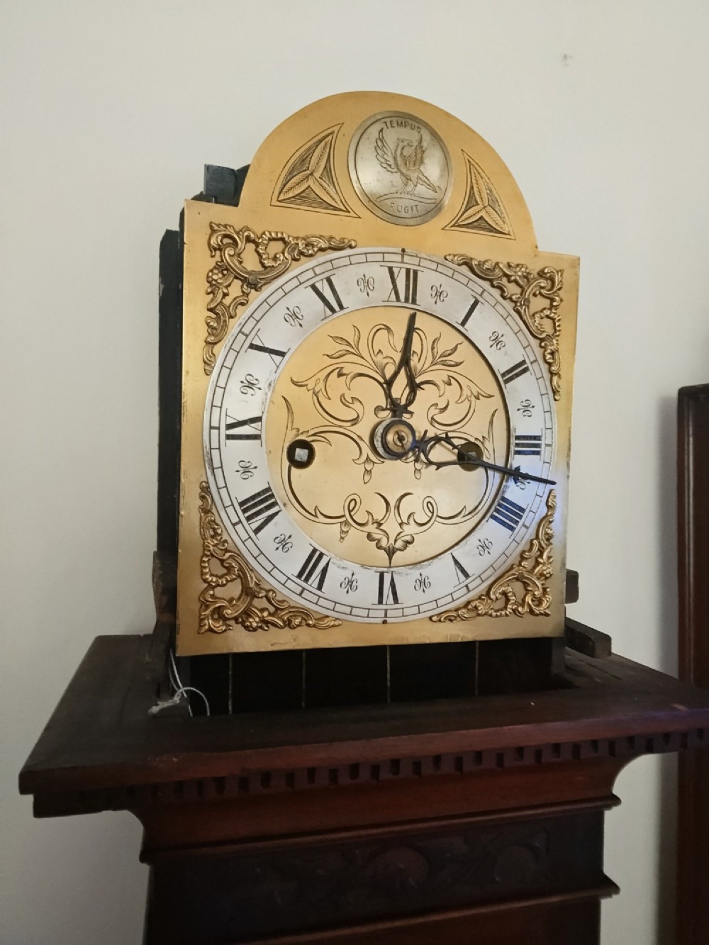 A slim dark mahogany longcase clock featuring a swan-neck pediment, brass dial with Roman numerals, and an arched trunk door. View V