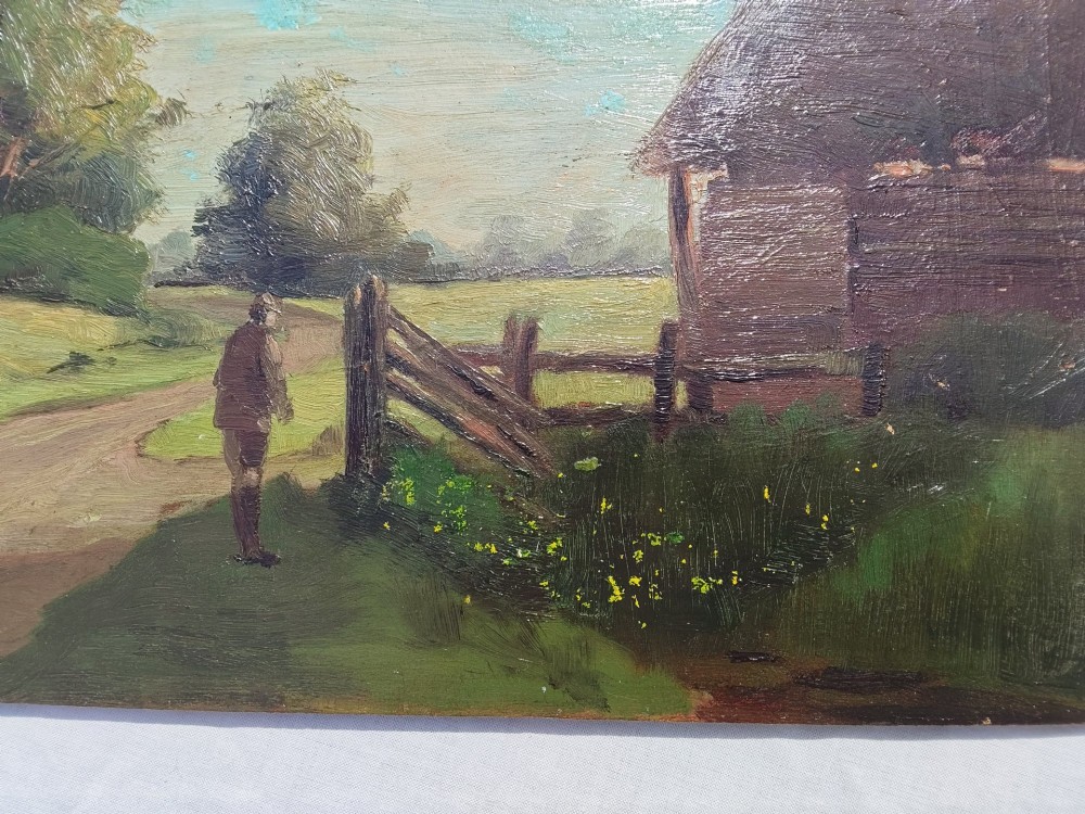 An antique English School oil painting on a wooden board depicting a rural landscape with a figure beside a dirt path, wooden fence, and timber barn under a light blue sky. View III