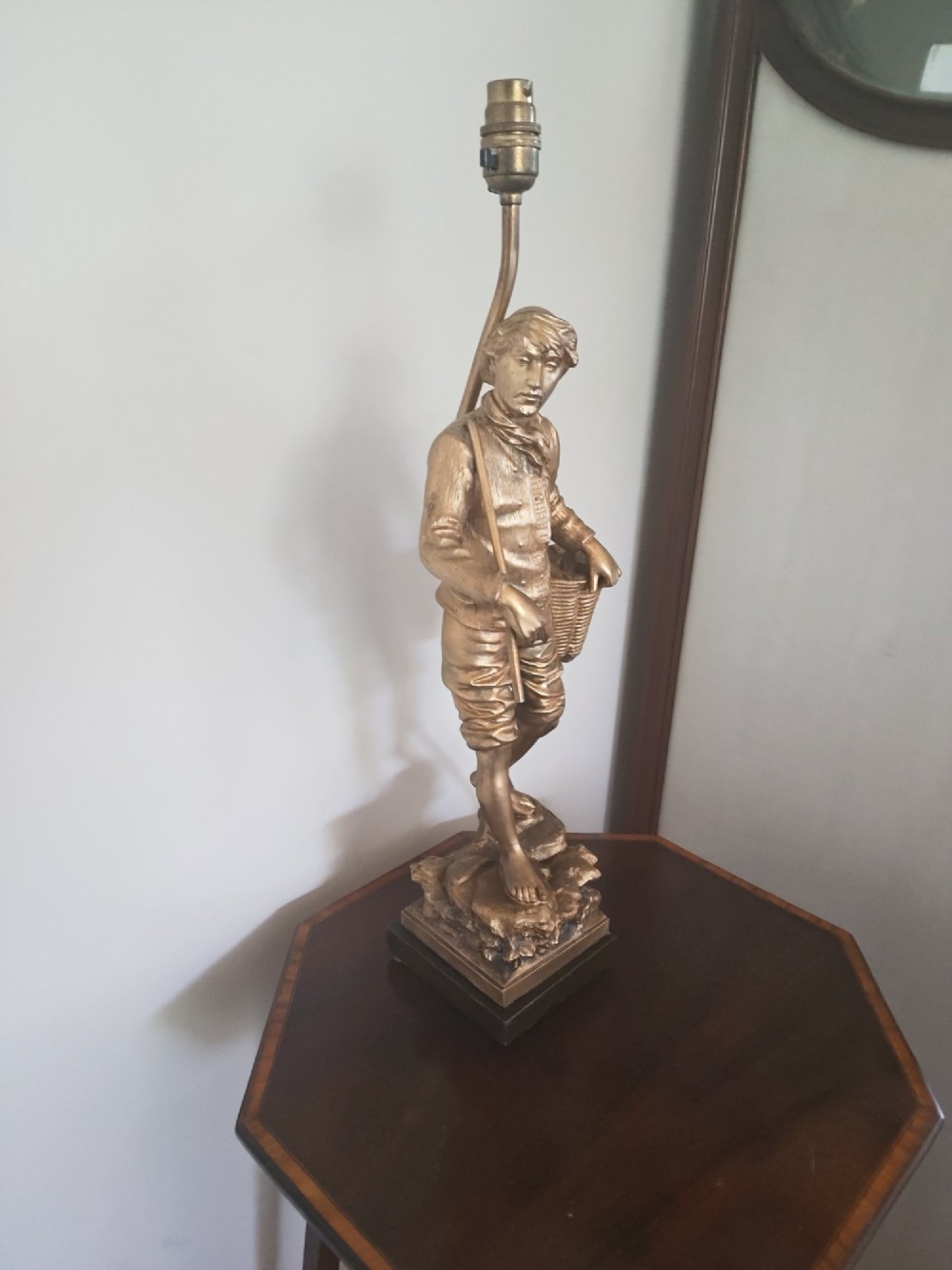 A pair of gold gilt metal table lamps depicting standing figures of French rustic workers mounted on square wooden bases. View XI