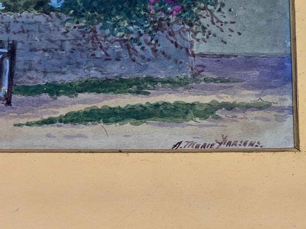 An early 20th-century framed watercolour painting depicting a country cottage with a thatched roof, brickwork, and flowering garden. View III