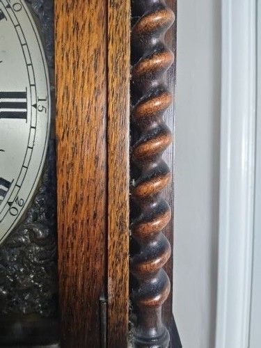 A tall dark oak longcase clock featuring an arched bonnet, barley twist side columns, a brass dial with Roman numerals, and a glazed trunk door displaying three brass weights and pendulum. View III