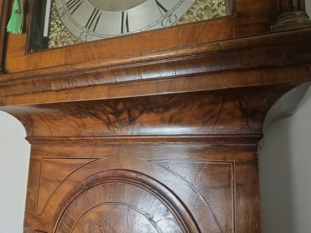 An early Georgian longcase clock featuring a burr walnut veneered case, an arched hood, and a brass dial with Roman numerals. View IX