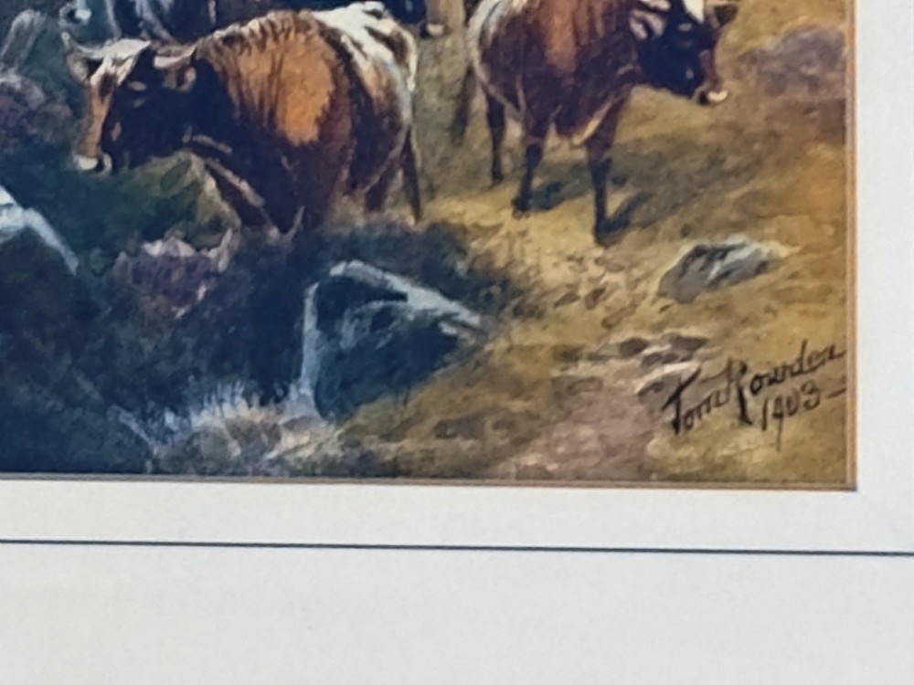 A framed horizontal watercolour painting depicting cattle and sheep grazing in a rugged moorland landscape under a cloudy sky. View II