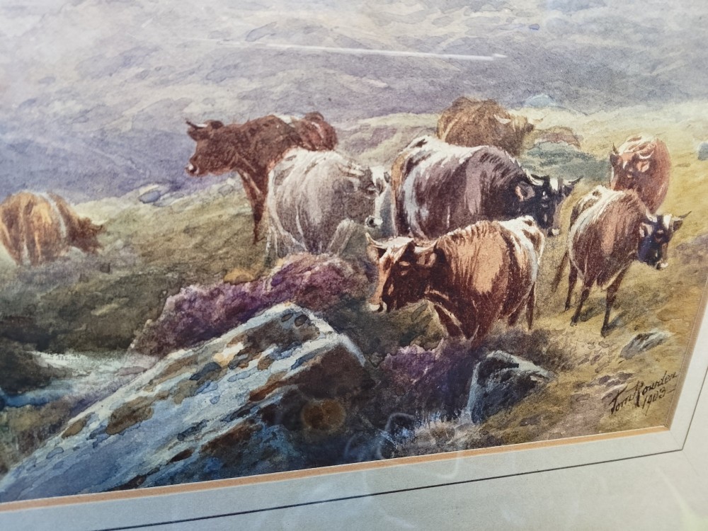 A framed horizontal watercolour painting depicting cattle and sheep grazing in a rugged moorland landscape under a cloudy sky. View VIII
