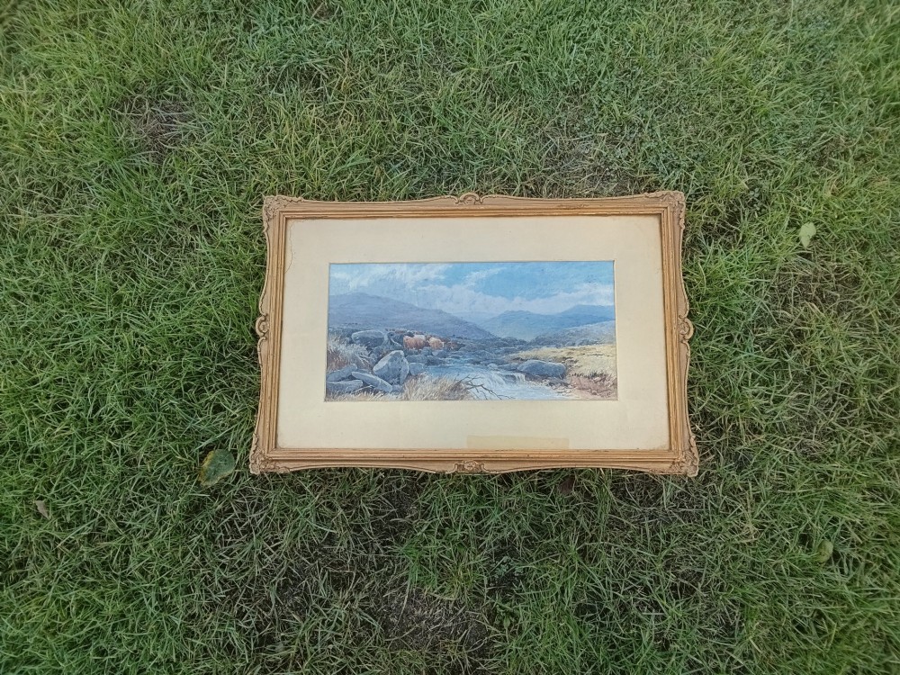 A framed Victorian watercolour painting by Tom Rowden depicting cattle standing near a stream in a vast moorland landscape. View IV