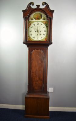 GEORGIAN INLAID MAHOGANY GRANDFATHER LONGCASE 8 DAY CLOCK EARLY 19TH CENTURY