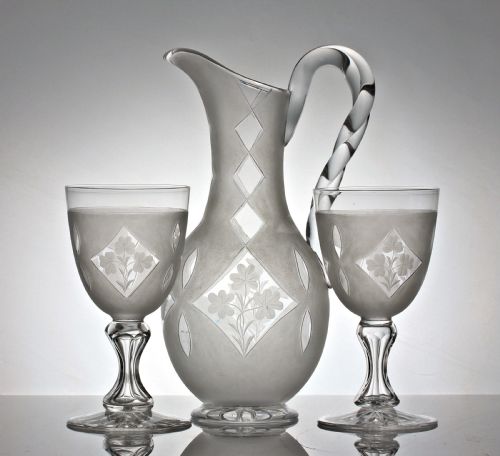 VICTORIAN RICHARDSONS OF STOURBRIDGE CUT AND ENGRAVED SET OF WATER JUG AND TWO GOBLETS - ADDITIONAL PHOTO 2