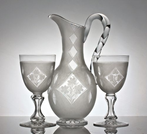 victorian richardsons of stourbridge cut and engraved set of water jug and two goblets - CATEGORY: ANTIQUE GLASS - DATED 19TH CENTURY