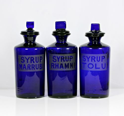 set of three late victorian bristol blue apothecary bottles - CATEGORY: ANTIQUE GLASS - DATED 19TH CENTURY