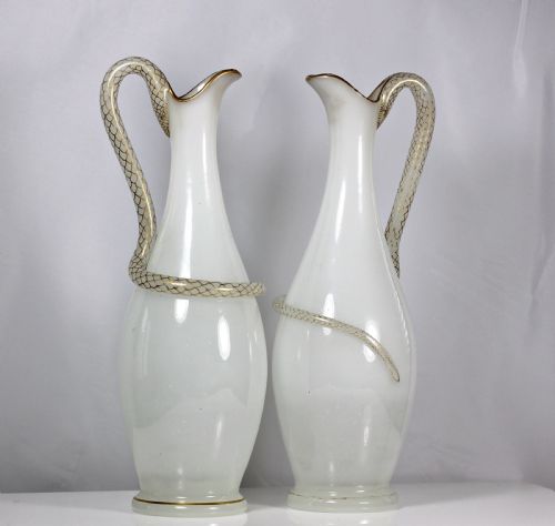 pair of richardsons of stourbridge white opaline mouthblown snakehandled glass ewers - CATEGORY: ANTIQUE GLASS - DATED 19TH CENTURY