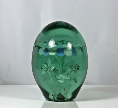 victorian multi flower green glass dump with blue flowers - CATEGORY: ANTIQUE GLASS - DATED 19TH CENTURY