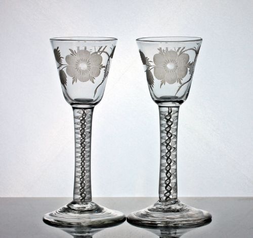 georgian pair of jacobite engraved double series opaque twist wine glasses - CATEGORY: ANTIQUE GLASS - DATED 18TH CENTURY