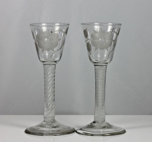 GEORGIAN PAIR OF JACOBITE ENGRAVED DOUBLE SERIES OPAQUE TWIST WINE GLASSES - ADDITIONAL PHOTO 1