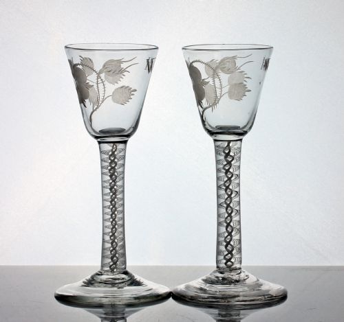 GEORGIAN PAIR OF JACOBITE ENGRAVED DOUBLE SERIES OPAQUE TWIST WINE GLASSES - ADDITIONAL PHOTO 3