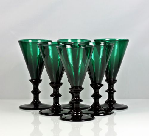 victorian set of six bristol green knopped stem wine glasses - CATEGORY: ANTIQUE GLASS - DATED 19TH CENTURY