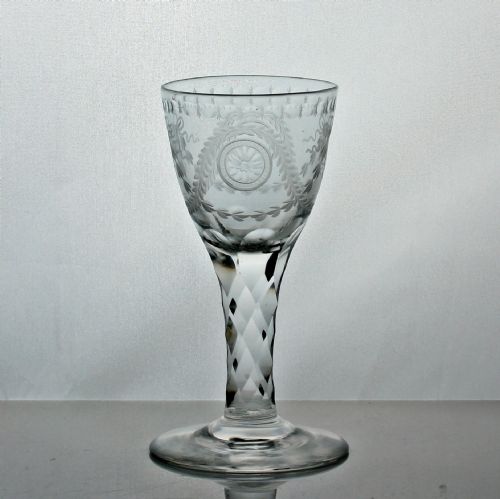 GEORGIAN JAMES GILES ENGRAVED FACET CUT STEM WINE GLASS BUCRANIA AND PATERAE - ADDITIONAL PHOTO 1