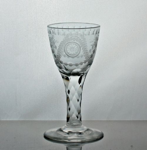 GEORGIAN JAMES GILES ENGRAVED FACET CUT STEM WINE GLASS BUCRANIA AND PATERAE - ADDITIONAL PHOTO 2