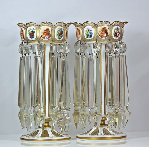 VICTORIAN PAIR OF BOHEMIAN HANDPAINTED FLASHCUT CANDLESTICK LUSTRES - ADDITIONAL PHOTO 3