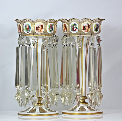 VICTORIAN PAIR OF BOHEMIAN HANDPAINTED FLASHCUT CANDLESTICK LUSTRES - ADDITIONAL PHOTO 4