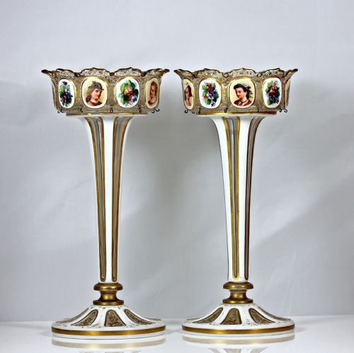 VICTORIAN PAIR OF BOHEMIAN HANDPAINTED FLASHCUT CANDLESTICK LUSTRES - ADDITIONAL PHOTO 5