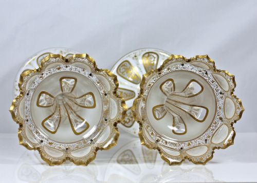 VICTORIAN PAIR OF BOHEMIAN HANDPAINTED FLASHCUT CANDLESTICK LUSTRES - ADDITIONAL PHOTO 6