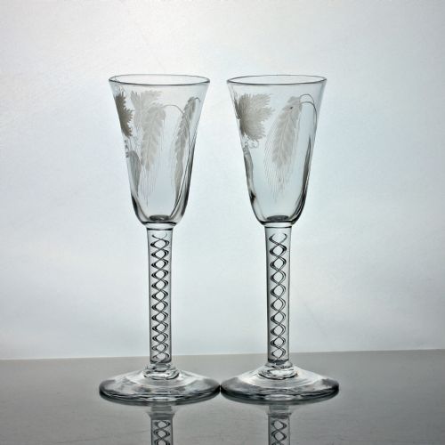 GEORGIAN PAIR OF HOP BARLEY ENGRAVED SINGLE SERIES AIR TWIST ALE GLASSES - ADDITIONAL PHOTO 1