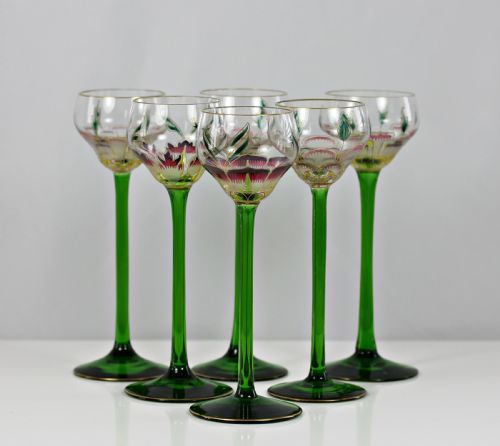 SET OF SIX THERESIENTHAL HANDENAMELLED CORDIAL GLASSES - ADDITIONAL PHOTO 1