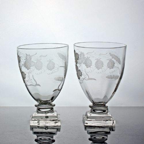 victorian pair of engraved square footed rummers - CATEGORY: ANTIQUE GLASS - DATED 19TH CENTURY