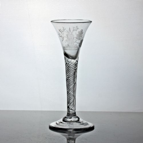 rare georgian jacobiteengraved stricken oak multi spiral air twist wine glass - CATEGORY: ANTIQUE GLASS - DATED 18TH CENTURY