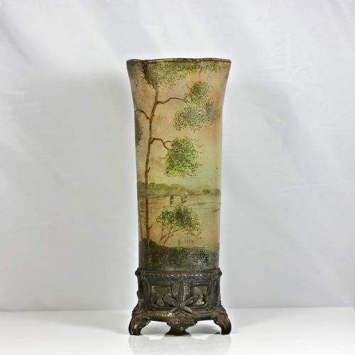 legras tall cylinder vase decorated with winter landscape scene on metal base - CATEGORY: ANTIQUE GLASS - DATED 1920