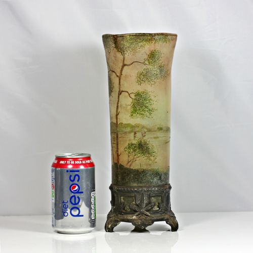 LEGRAS TALL CYLINDER VASE DECORATED WITH WINTER LANDSCAPE SCENE ON METAL BASE - ADDITIONAL PHOTO 1