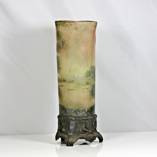 LEGRAS TALL CYLINDER VASE DECORATED WITH WINTER LANDSCAPE SCENE ON METAL BASE - ADDITIONAL PHOTO 2