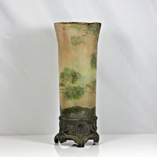 LEGRAS TALL CYLINDER VASE DECORATED WITH WINTER LANDSCAPE SCENE ON METAL BASE - ADDITIONAL PHOTO 3